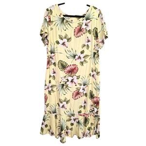 VTG Hawaiian Hibiscus Monstera Print Midi Dress 2XL Butter Yellow Ruffle Hem USA